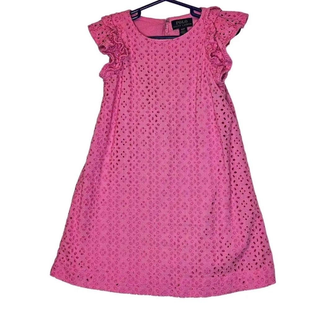 POLO Ralph Lauren
Eyelet Pink Flutter sleeves lined dress Size  4T